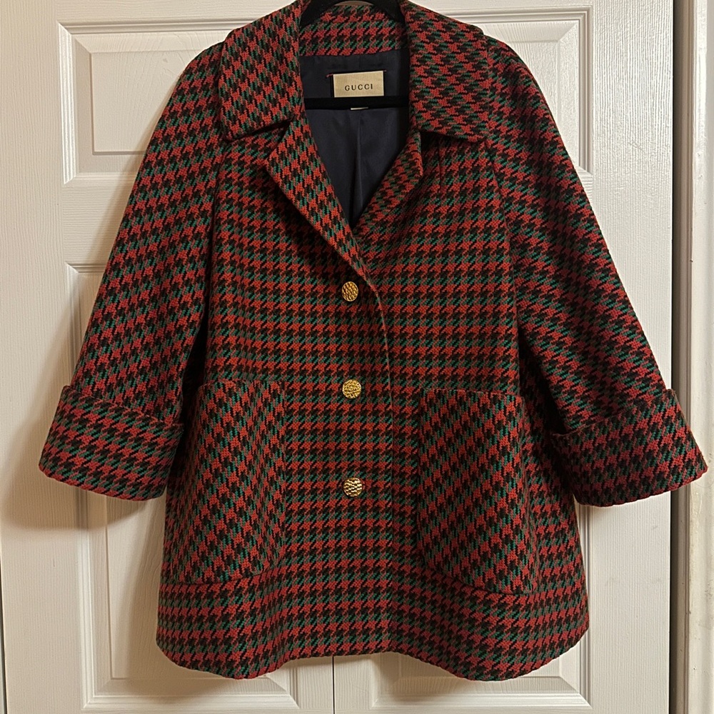 Gucci Women's Red and Black Checkered Pea Coat